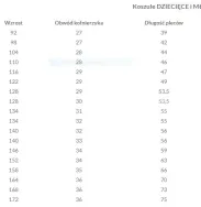 tabela rozmiarów koszuli komunijnej firmy Koszulland